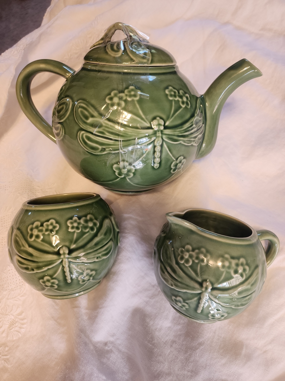 Vintage Green Dragonfly Ceramic Tea Set